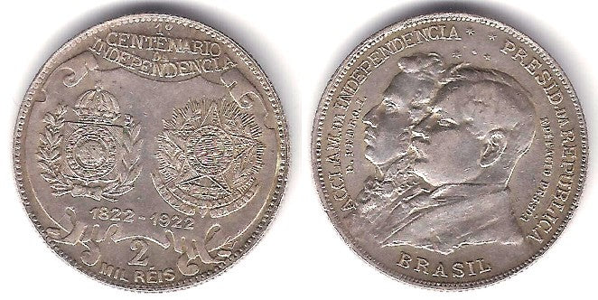 (523) Brasil. 1922. 2000 Reis (EBC+) (Plata)