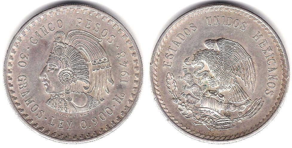 (465) Estados Unidos Mexicanos. 1948. 5 Pesos (MBC+) (Plata)