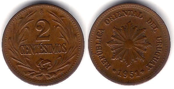 (20a) Uruguay. 1951. 2 Centesimos (EBC)