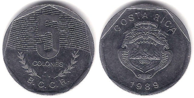 (214.1) Costa Rica. 1989. 5 Colones (MBC+)
