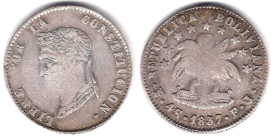 (123.2) República Boliviana. 1857. 4 Soles (MBC-) (Plata) Ceca de Potosí FJ