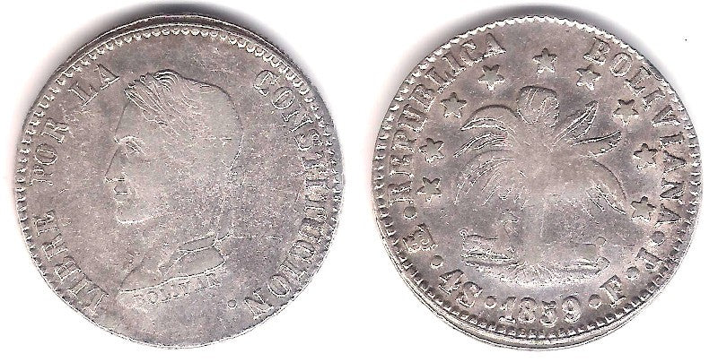 (123.2) Bolivia. 1859. 4 Soles (MBC-) (Plata)