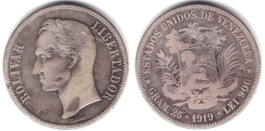(Y24.2) Venezuela. 1919. 5 Bolivares (BC) (Plata)