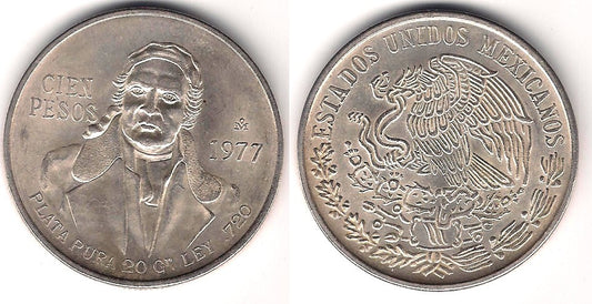 (483.1) Estados Unidos Mexicanos. 1977. 100 Pesos (SC) (Plata)