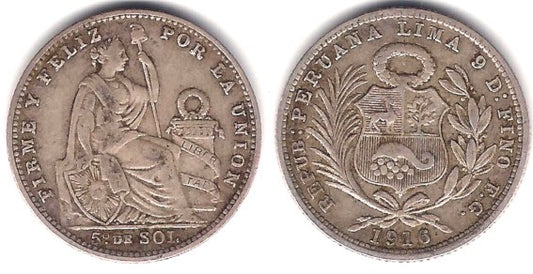 (205.2) Perú. 1916. 1/5 Sol (MBC) (Plata)