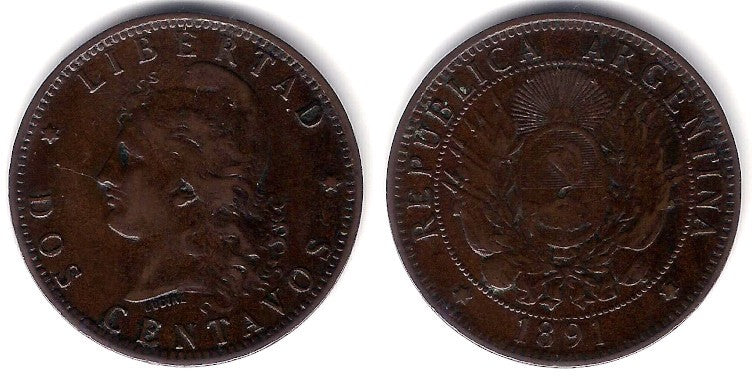 (33) Argentina. 1891. 2 Centavos (EBC)