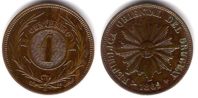 (11) Uruguay. 1869H. 1 Centesimo (MBC+)