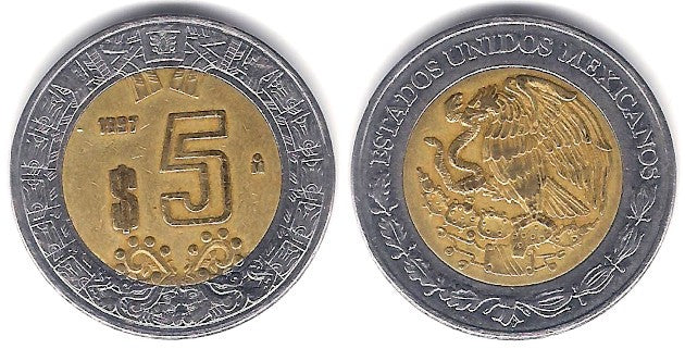 (605) Estados Unidos Mexicanos. 1997. 5 Pesos (BC+)
