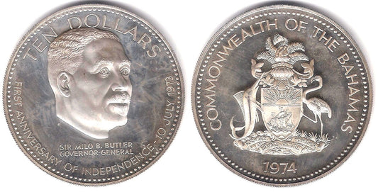 (68a) Bahamas. 1974. 10 Dollars (EBC+) (Plata)
