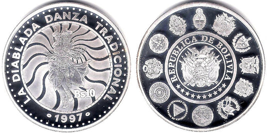 (209) Bolivia. 1997. 10 Bolivianos (Proof) (Plata)