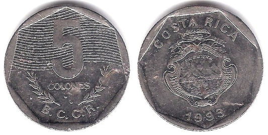 (214.3) Costa Rica. 1993. 5 Colones (MBC)