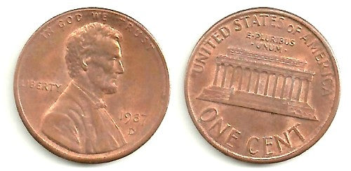 (201) Estados Unidos de América. 1987(D). 1 Cent (BC)