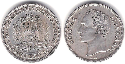 (Y37) Venezuela. 1954. 1 Bolivar (MBC+) (Plata)