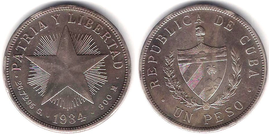 (15.2) Cuba. 1934. 1 Peso (MBC) (Plata)